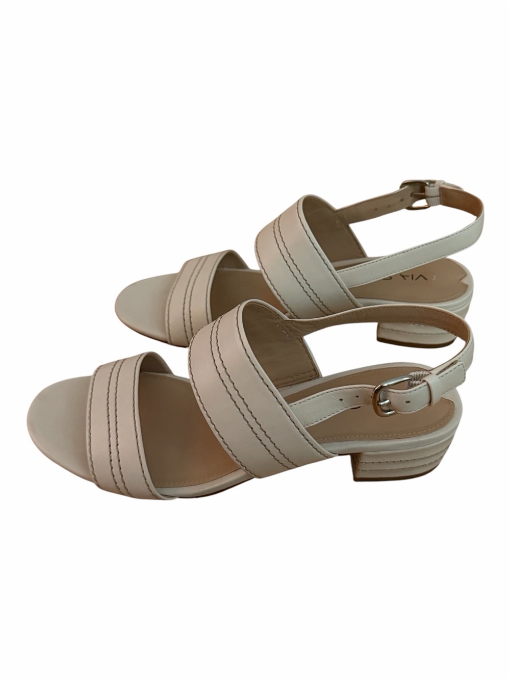 Via Spiga Cream Leather Two-Strap Low Block Heel Sandals